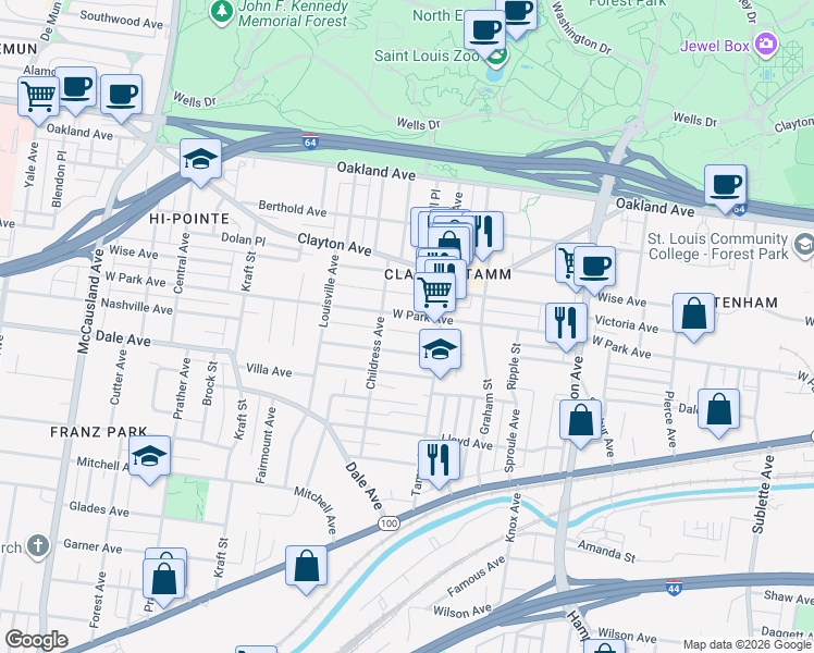 map of restaurants, bars, coffee shops, grocery stores, and more near 6421 Nashville Avenue in St. Louis