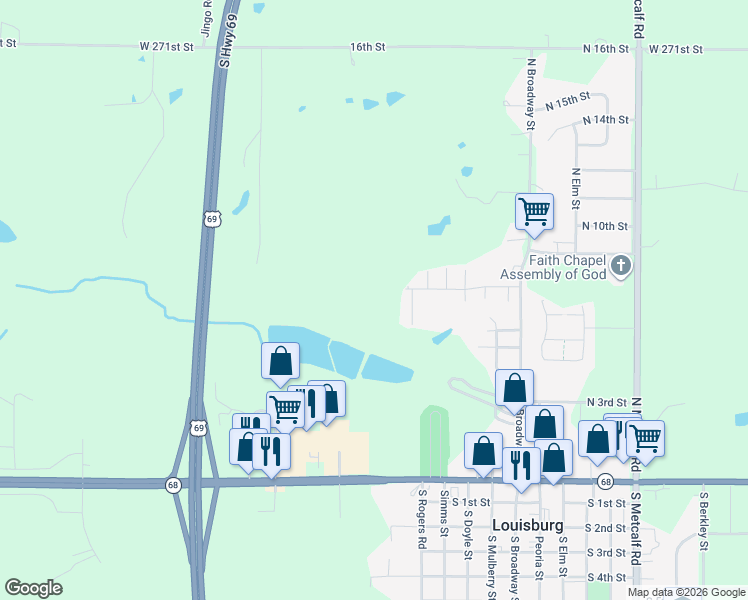 map of restaurants, bars, coffee shops, grocery stores, and more near 700 North Broadway Street in Louisburg