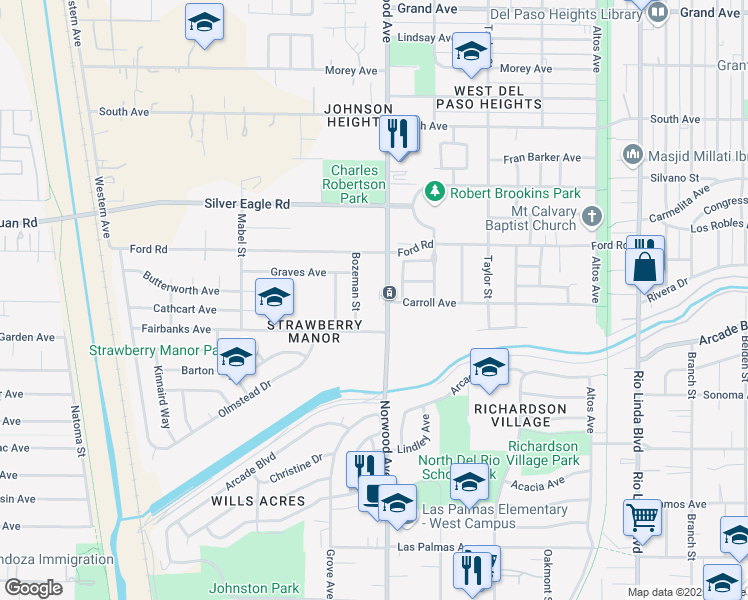 map of restaurants, bars, coffee shops, grocery stores, and more near 3267 Norwood Avenue in Sacramento