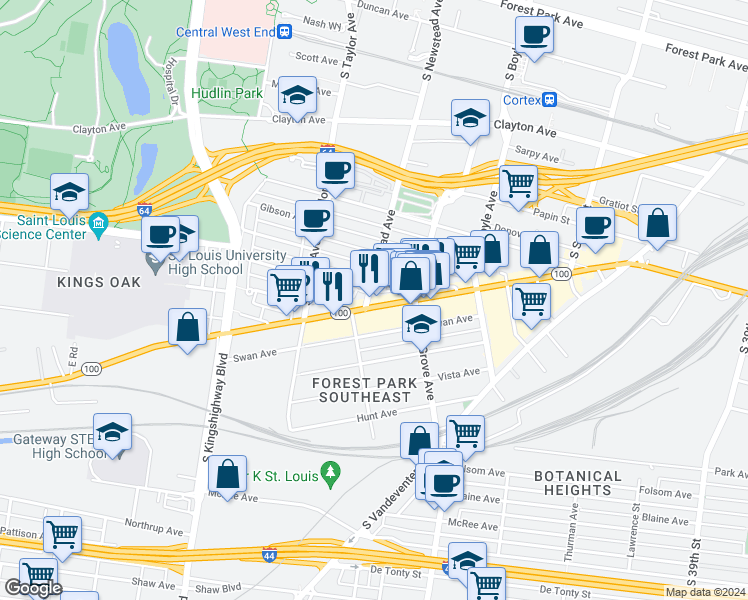 map of restaurants, bars, coffee shops, grocery stores, and more near 4352 Manchester Avenue in St. Louis