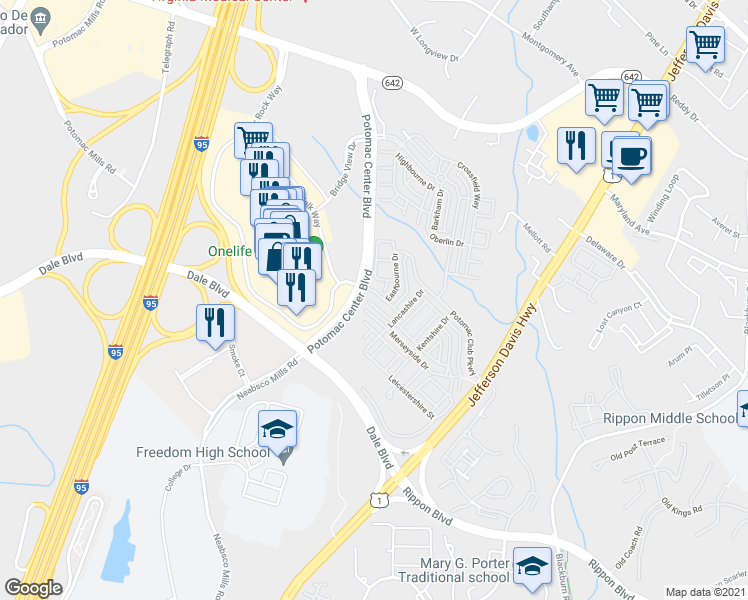 map of restaurants, bars, coffee shops, grocery stores, and more near 2703 Sheffield Hill Way in Woodbridge