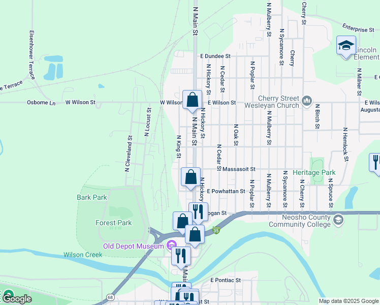 map of restaurants, bars, coffee shops, grocery stores, and more near 714 North Main Street in Ottawa