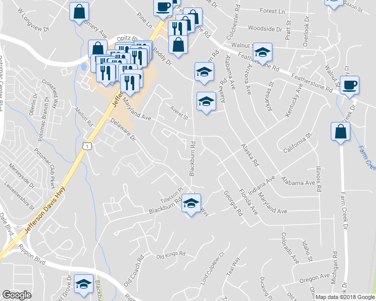 map of restaurants, bars, coffee shops, grocery stores, and more near 1842 Heather Glen Court in Woodbridge