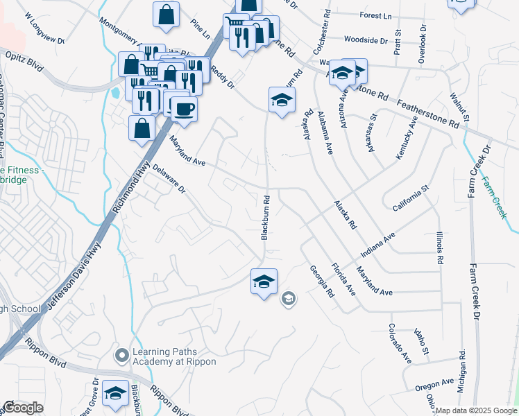 map of restaurants, bars, coffee shops, grocery stores, and more near 1842 Heather Glen Court in Woodbridge