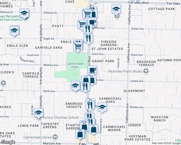 map of restaurants, bars, coffee shops, grocery stores, and more near 6908 Fair Oaks Boulevard in Carmichael