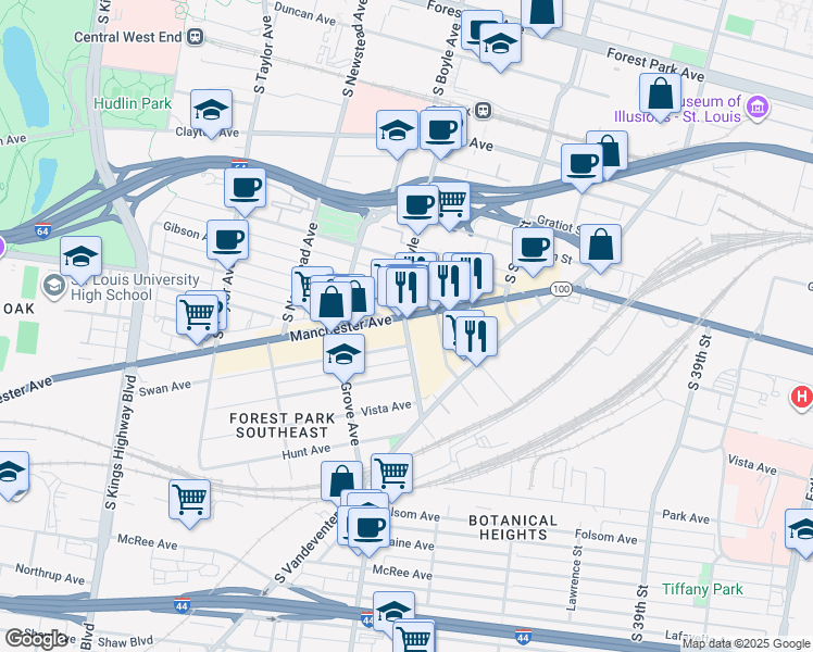map of restaurants, bars, coffee shops, grocery stores, and more near 1108 South Boyle Avenue in Saint Louis