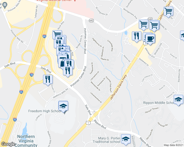 map of restaurants, bars, coffee shops, grocery stores, and more near 2452 Eastbourne Drive in Woodbridge