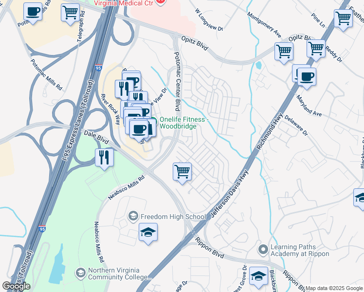 map of restaurants, bars, coffee shops, grocery stores, and more near 2703 Sheffield Hill Way in Woodbridge