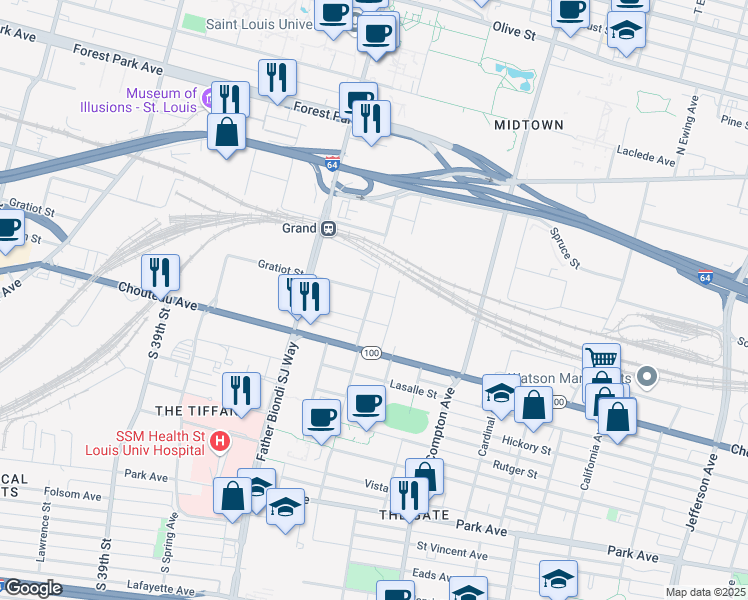 map of restaurants, bars, coffee shops, grocery stores, and more near 812 South Theresa Avenue in St. Louis