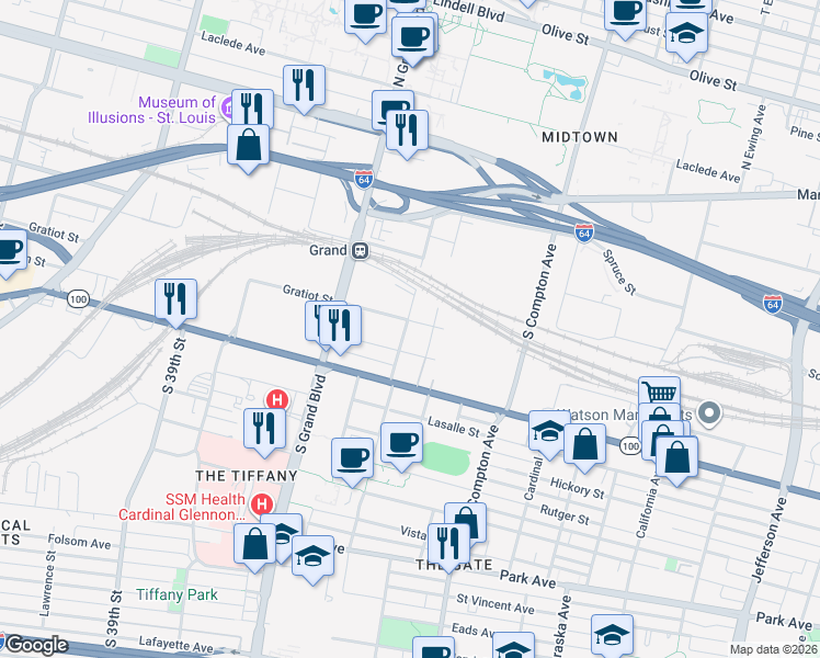 map of restaurants, bars, coffee shops, grocery stores, and more near 812 South Theresa Avenue in St. Louis