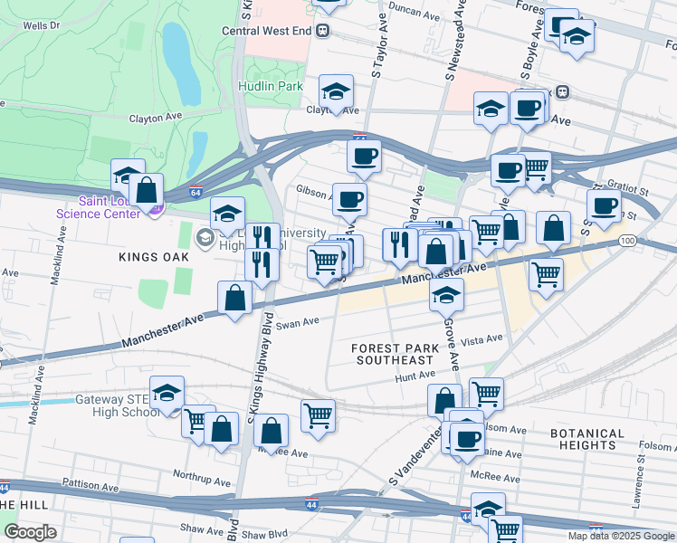 map of restaurants, bars, coffee shops, grocery stores, and more near 4434 Manchester Avenue in St. Louis