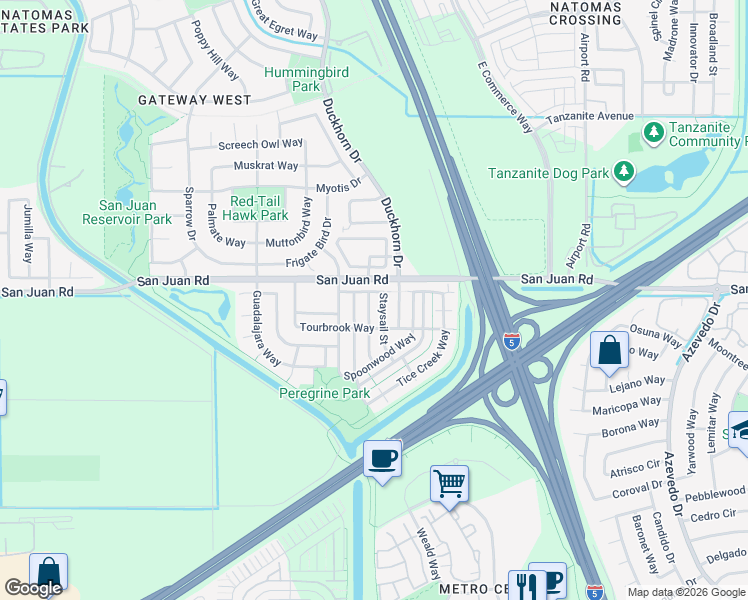 map of restaurants, bars, coffee shops, grocery stores, and more near 3121 Tolliver Street in Sacramento