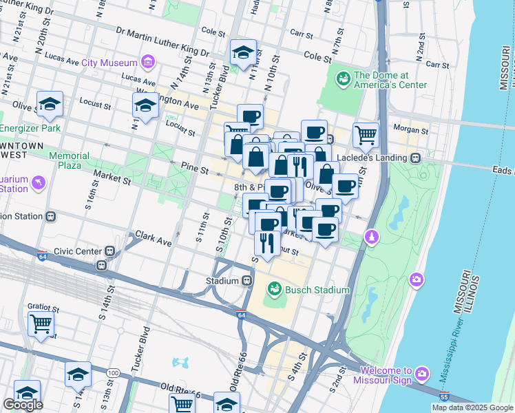 map of restaurants, bars, coffee shops, grocery stores, and more near 801 Market Street in St. Louis