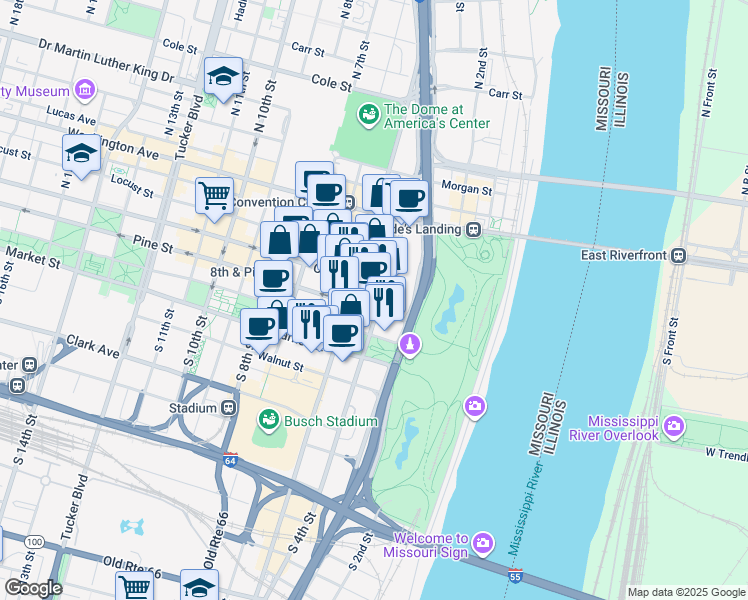 map of restaurants, bars, coffee shops, grocery stores, and more near 401 Market Street in St. Louis
