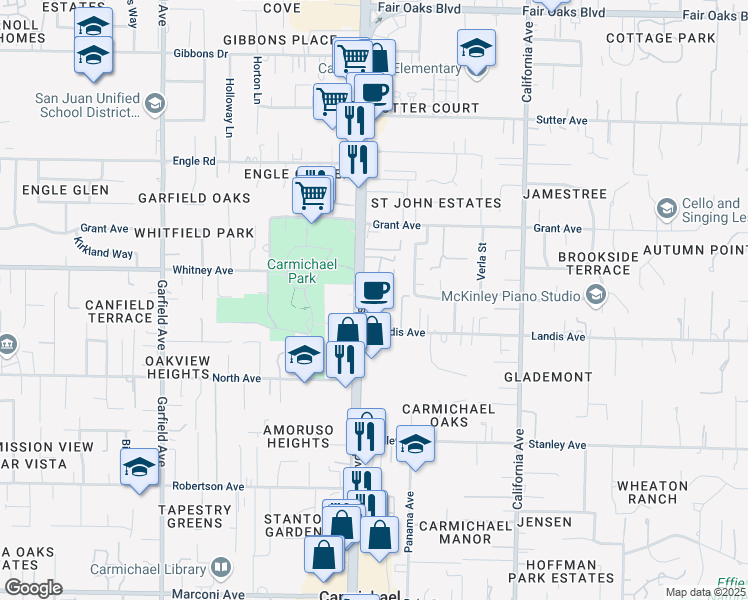 map of restaurants, bars, coffee shops, grocery stores, and more near 6908 Fair Oaks Boulevard in Carmichael