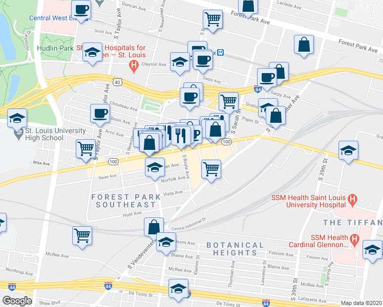 map of restaurants, bars, coffee shops, grocery stores, and more near 1204 South Boyle Avenue in St. Louis