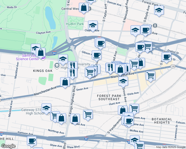 map of restaurants, bars, coffee shops, grocery stores, and more near 4525 Manchester Avenue in St. Louis