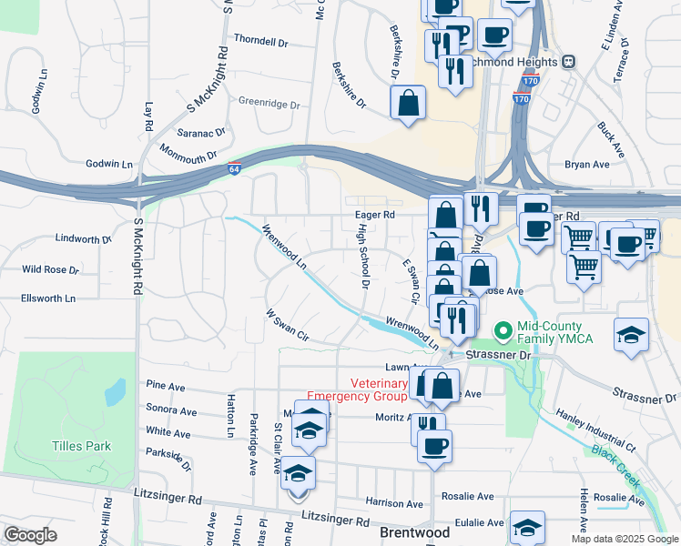 map of restaurants, bars, coffee shops, grocery stores, and more near 9059 Wrenwood Lane in Brentwood