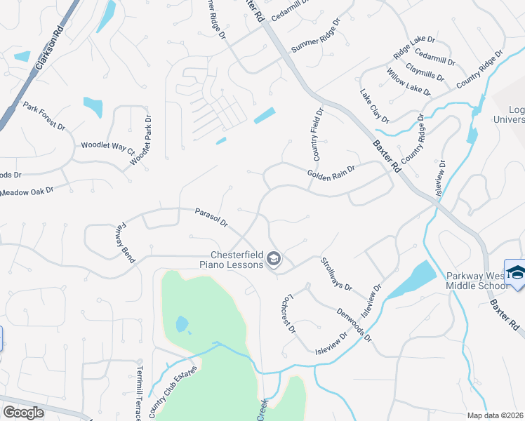 map of restaurants, bars, coffee shops, grocery stores, and more near 15380 Thistlebriar Court in Chesterfield