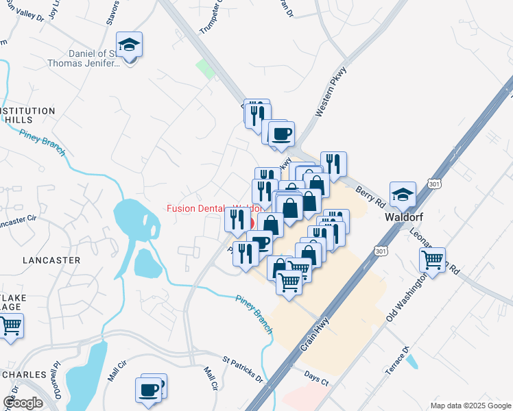 map of restaurants, bars, coffee shops, grocery stores, and more near 2590 Old Washington Road in Waldorf