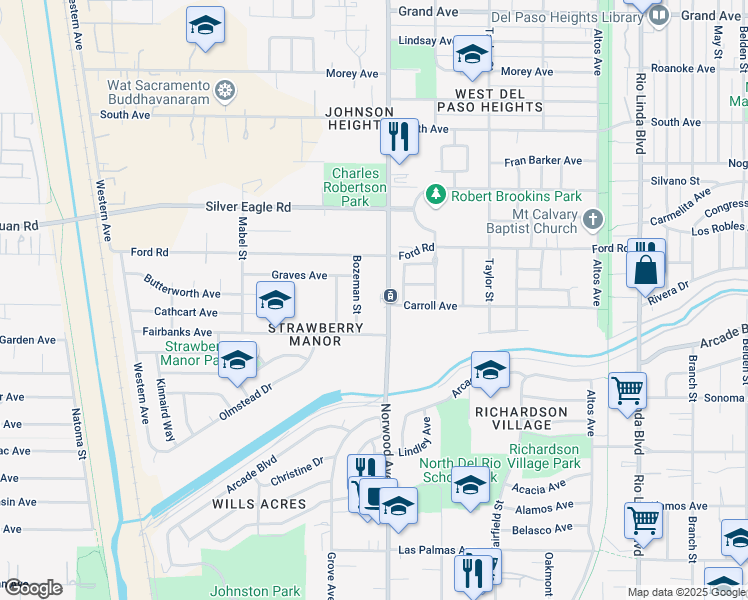 map of restaurants, bars, coffee shops, grocery stores, and more near 3267 Norwood Avenue in Sacramento