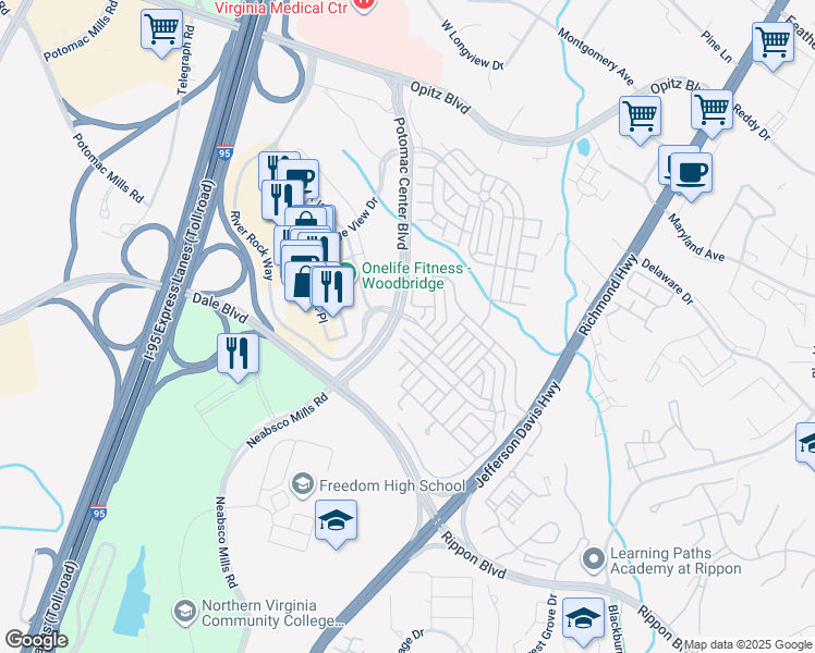 map of restaurants, bars, coffee shops, grocery stores, and more near 2709 Sheffield Hill Way in Woodbridge