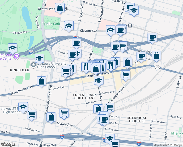 map of restaurants, bars, coffee shops, grocery stores, and more near 4321 Manchester Avenue in St. Louis