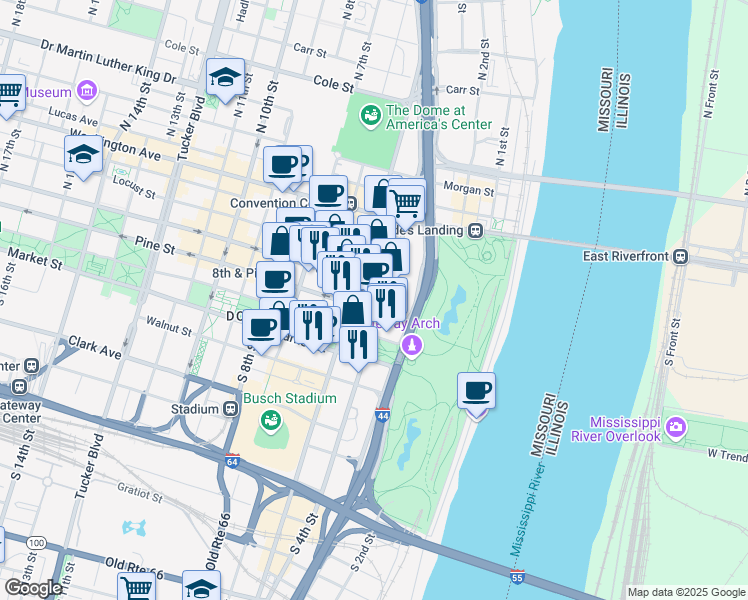 map of restaurants, bars, coffee shops, grocery stores, and more near 209 North 4th Street in St. Louis