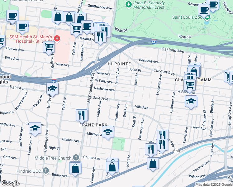 map of restaurants, bars, coffee shops, grocery stores, and more near 6753 Dale Avenue in St. Louis