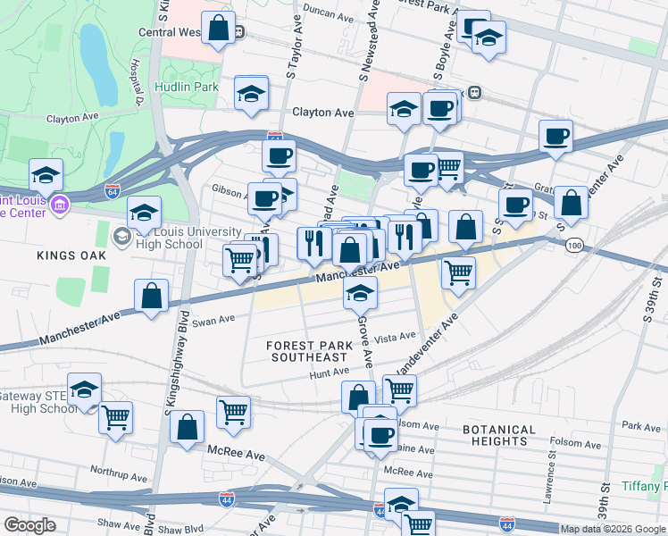 map of restaurants, bars, coffee shops, grocery stores, and more near 4321 Manchester Avenue in St. Louis
