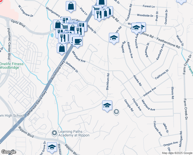 map of restaurants, bars, coffee shops, grocery stores, and more near 14951 Enterprise Lane in Woodbridge