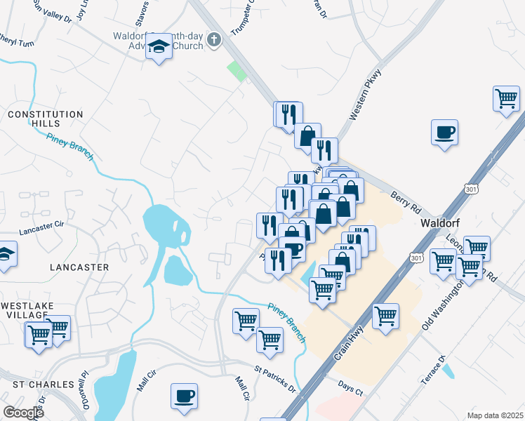 map of restaurants, bars, coffee shops, grocery stores, and more near 11306 Golden Eagle Place in Waldorf