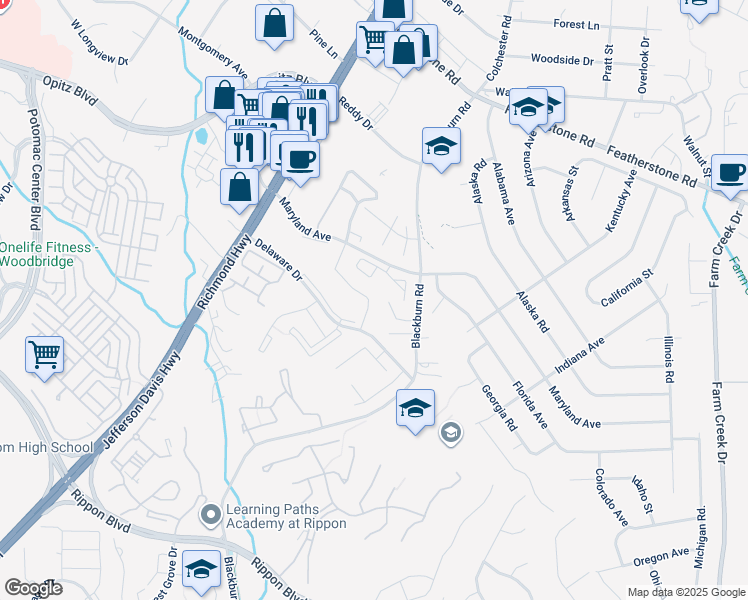 map of restaurants, bars, coffee shops, grocery stores, and more near 14951 Enterprise Lane in Woodbridge