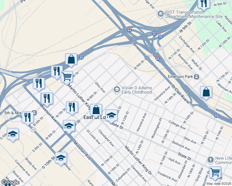 map of restaurants, bars, coffee shops, grocery stores, and more near 501 Katherine Dunham Place in East St. Louis