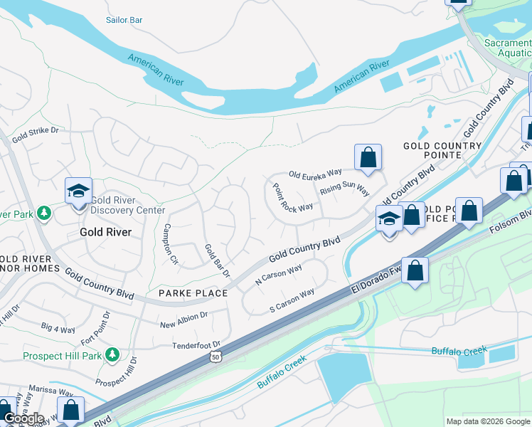 map of restaurants, bars, coffee shops, grocery stores, and more near 11725 Old Eureka Way in Gold River