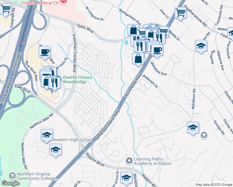 map of restaurants, bars, coffee shops, grocery stores, and more near 14934 Richmond Highway in Woodbridge