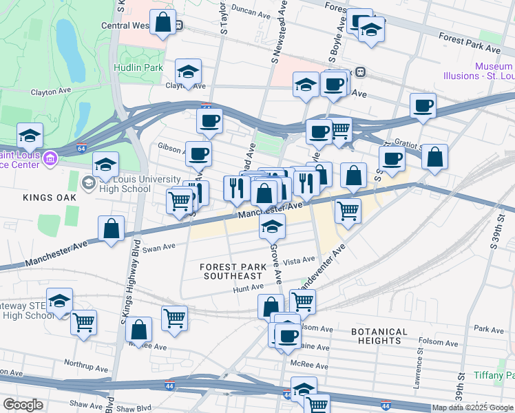 map of restaurants, bars, coffee shops, grocery stores, and more near 4352 Manchester Avenue in St. Louis