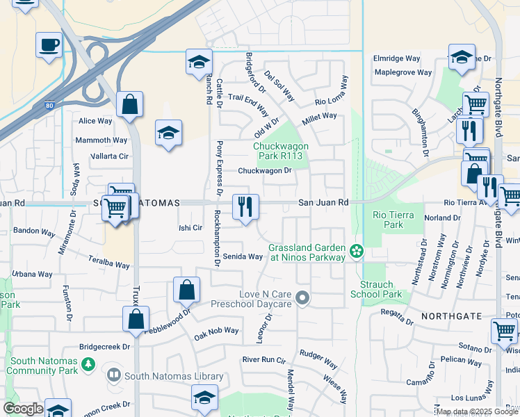 map of restaurants, bars, coffee shops, grocery stores, and more near 1 Azorean Court in Sacramento