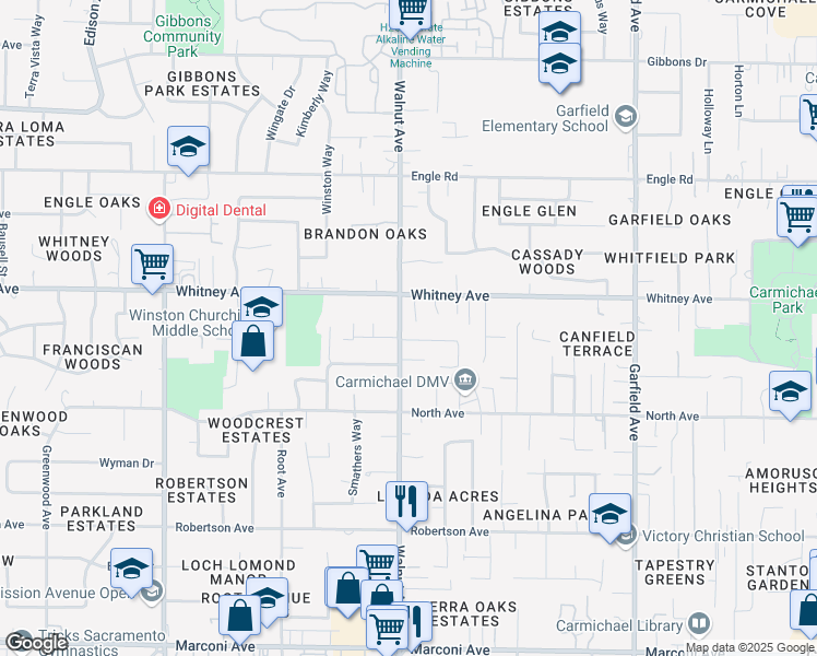 map of restaurants, bars, coffee shops, grocery stores, and more near 3426 Walnut Avenue in Carmichael