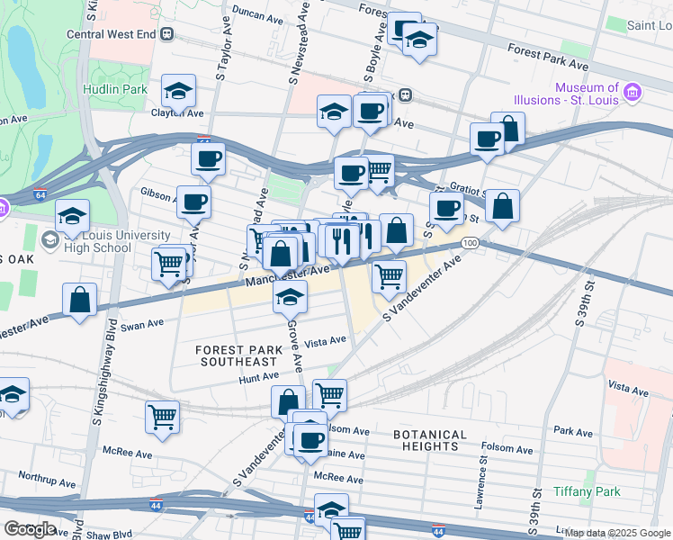 map of restaurants, bars, coffee shops, grocery stores, and more near 4200 Manchester Avenue in St. Louis