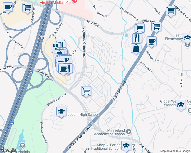map of restaurants, bars, coffee shops, grocery stores, and more near 15170 Lancashire Drive in Woodbridge