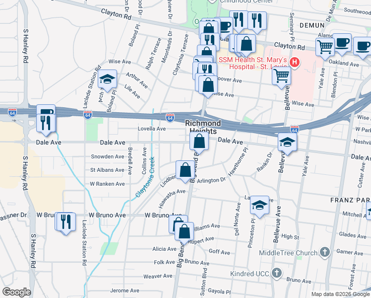map of restaurants, bars, coffee shops, grocery stores, and more near 1428 Woodland Drive in Richmond Heights