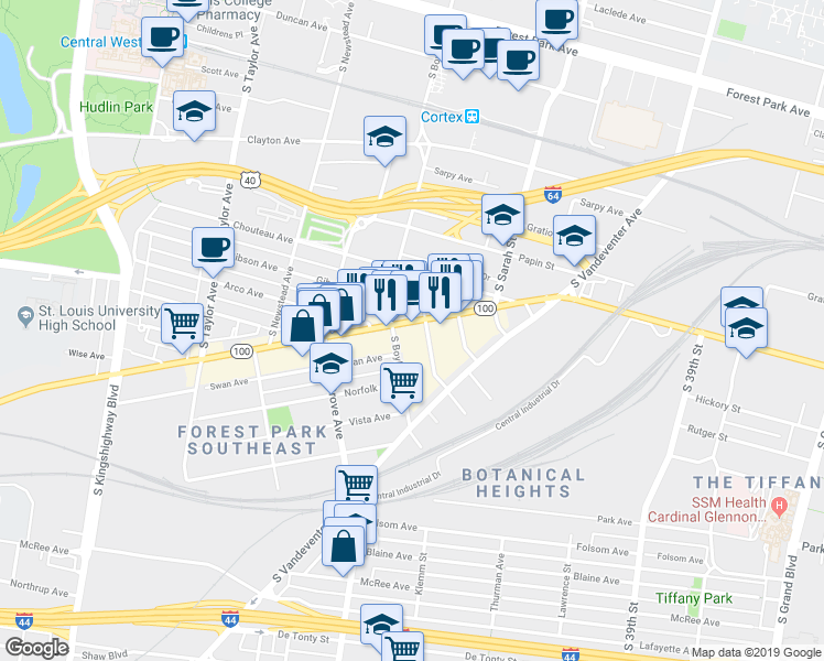 map of restaurants, bars, coffee shops, grocery stores, and more near 1204 South Boyle Avenue in St. Louis
