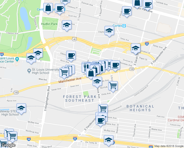 map of restaurants, bars, coffee shops, grocery stores, and more near 4352 Manchester Avenue in St. Louis