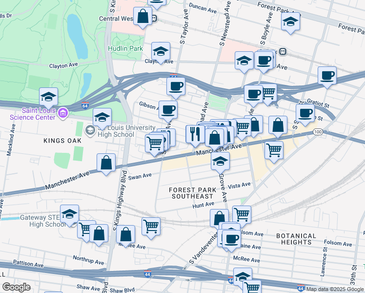 map of restaurants, bars, coffee shops, grocery stores, and more near 4370 Manchester Avenue in St. Louis