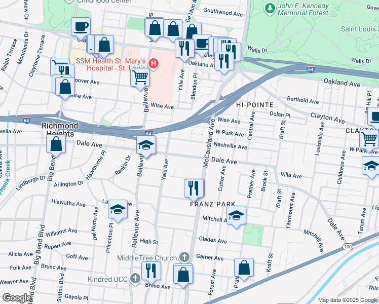 map of restaurants, bars, coffee shops, grocery stores, and more near 7046 Dale Avenue in St. Louis