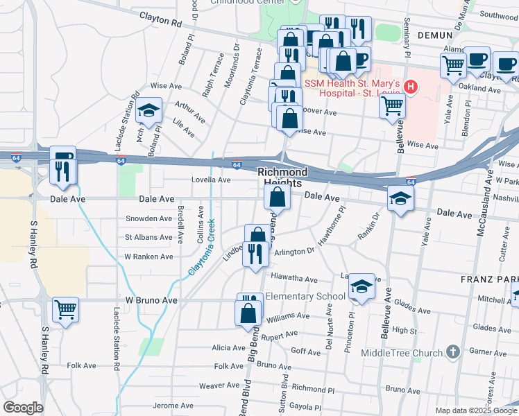 map of restaurants, bars, coffee shops, grocery stores, and more near 1428 Woodland Drive in Richmond Heights