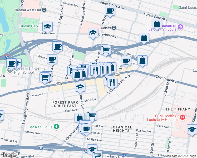 map of restaurants, bars, coffee shops, grocery stores, and more near 4188 Manchester Avenue in St. Louis