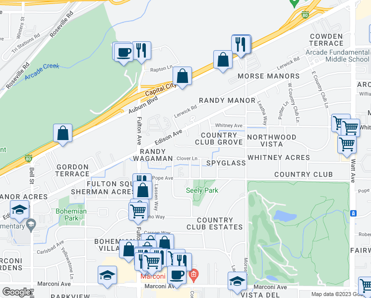 map of restaurants, bars, coffee shops, grocery stores, and more near 2808 Kerria Way in Sacramento