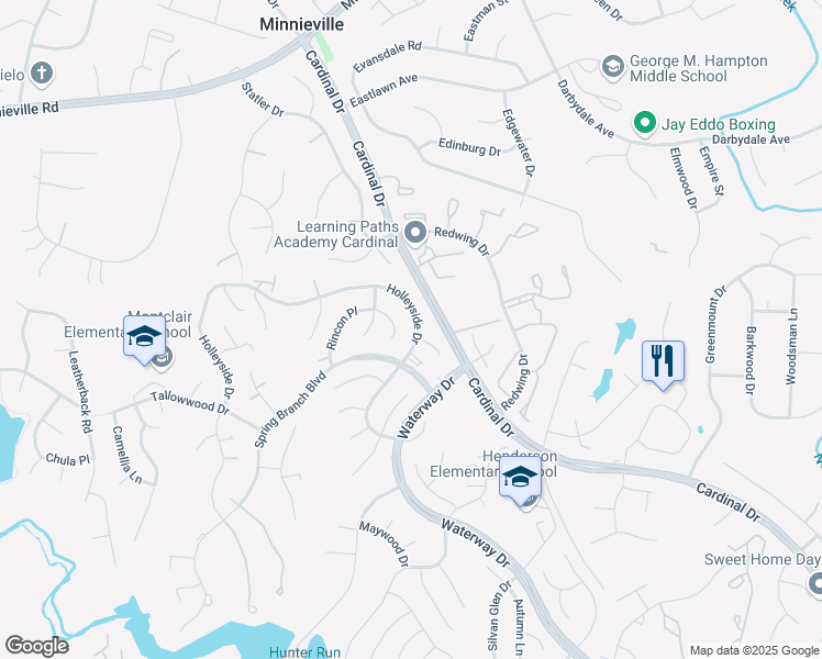 map of restaurants, bars, coffee shops, grocery stores, and more near 15202 Holleyside Drive in Montclair